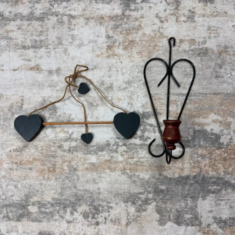 Vintage green metal heart-shaped wall sconce & green wood hearts 1990s